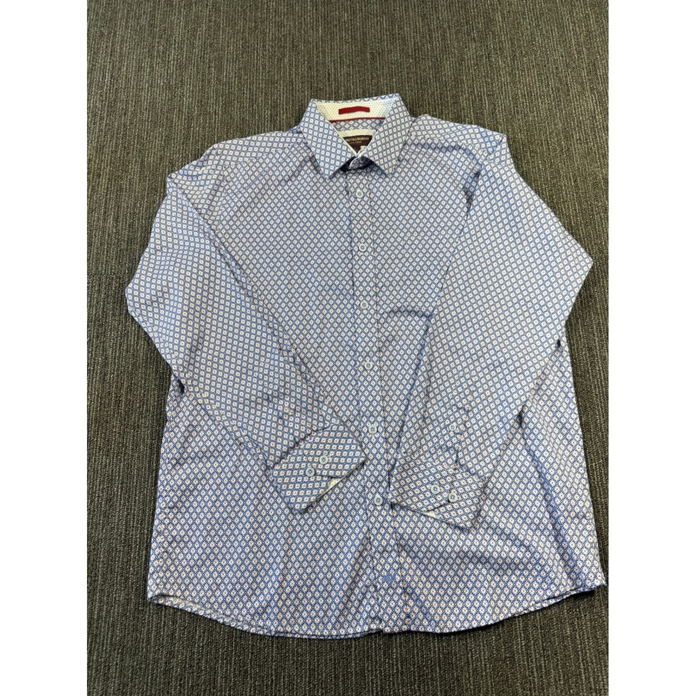 Johnston & Murphy Mens Blue Geometric Diamond Print Button Down Shirt Large L